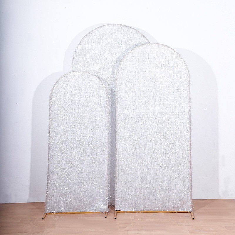 3 SILVER Metallic Tinsel Round Top Arch Polyester STAND COVERS Set Party Events