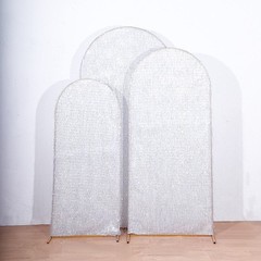 3 SILVER Metallic Tinsel Round Top Arch Polyester STAND COVERS Set Party Events