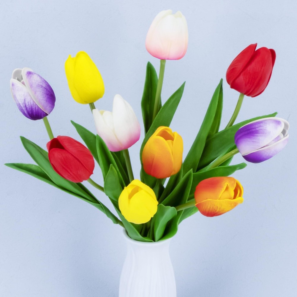 10 Multicolor Tulips Artificial Flowers – Fake Tulips Real Touch Flowers Arti…