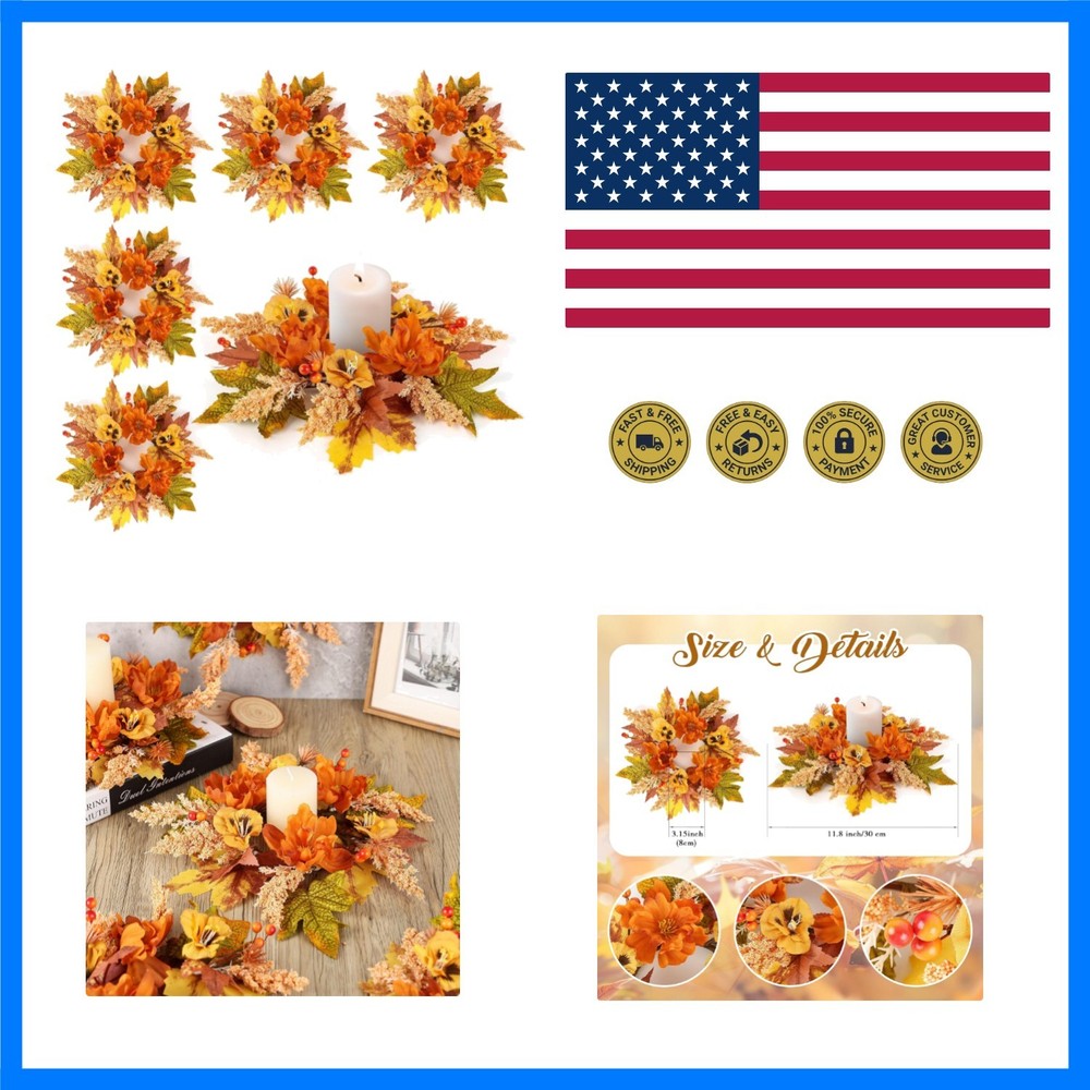 6 Pcs Fall Floral Candle Rings Wreath Mini Autumn Swags Wreaths with Berries …