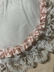 Lace Heart-Shaped Pillow. White With White Lace and Pink Trim. 9”x7”