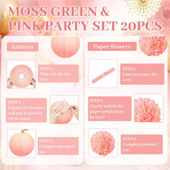NICROHOME EUR Wedding Decorations, 20 PCS Sage Green and Pink Tissue Pom Poms Pa