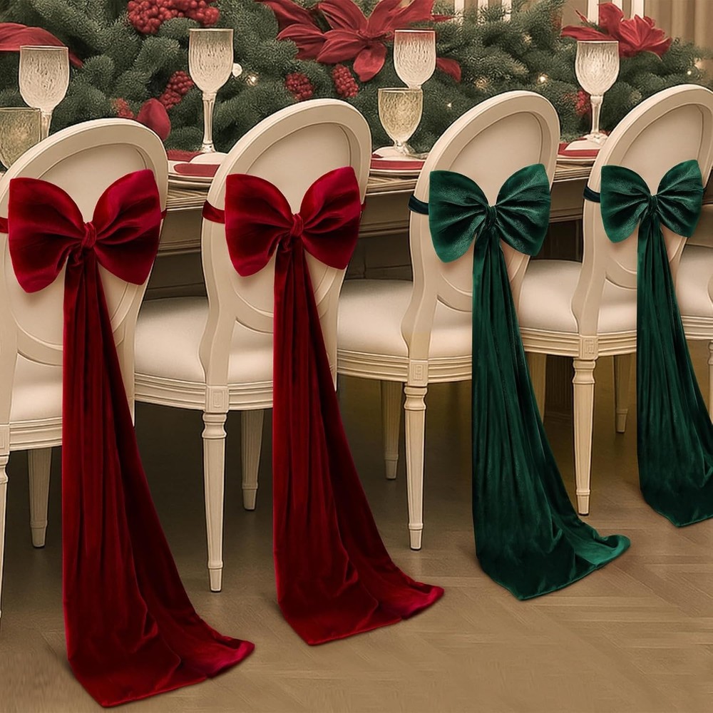 4 Pcs Velvet Chair Bows Sashes 12 x 43 Inch Red and Green Velvet Bows Open Box
