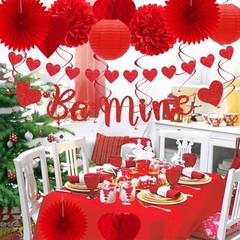 Valentines-Day Decorations-Heart Streamers Galentines-Decor – 22pcs Be Mine Red