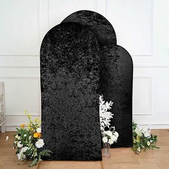 3 BLACK Crushed Velvet Round Top Wedding Arch Backdrop STAND COVERS Set Party