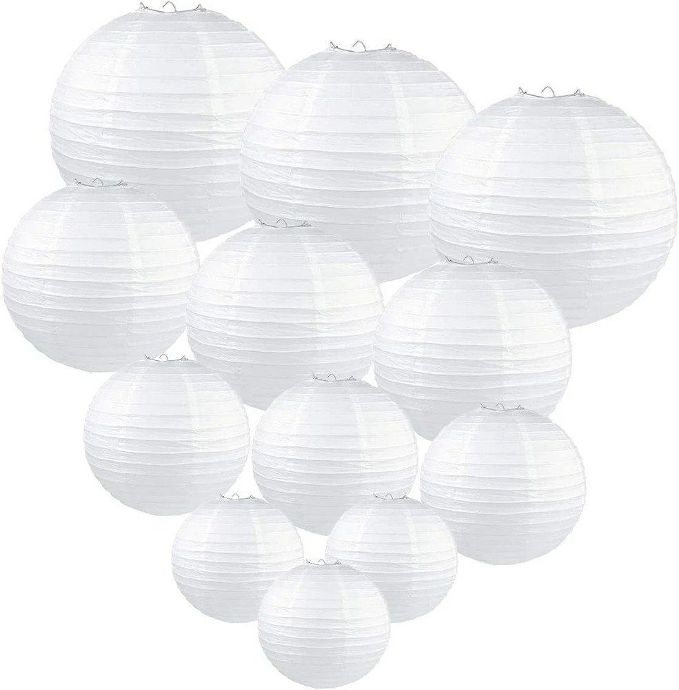 24 Pcs White Paper Lanterns (Size of 12″, 10″, 8″, 6″,4″)- round Chinese/Japanes