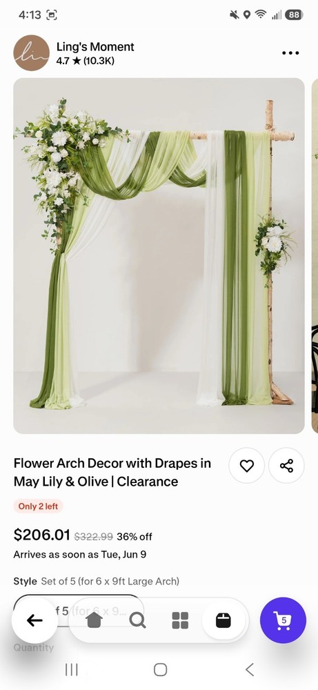 Ling’s Moment Floral Flower Arch Wedding Decor w/ Drapes, Green/White Set of 5