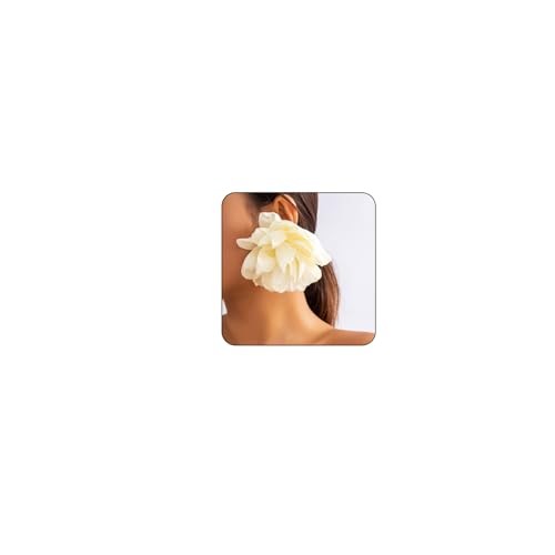 Exaggerated Satin Large Rose Camellia Flower Earrings – Fluffy Fabric Yellow