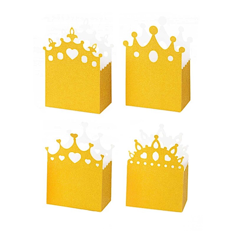 20 Gold Glitter Princess Crown Paper Favor Boxes Party Events Home Decorations