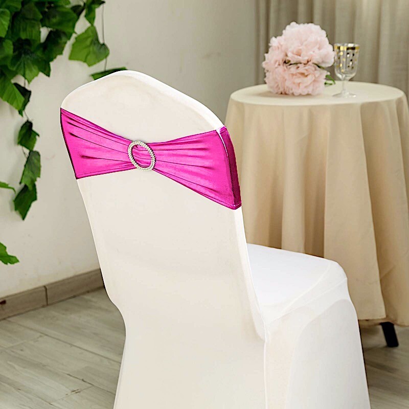 10 Fuchsia Metallic Spandex Chair Sashes with Silver Buckles Wedding Decorations