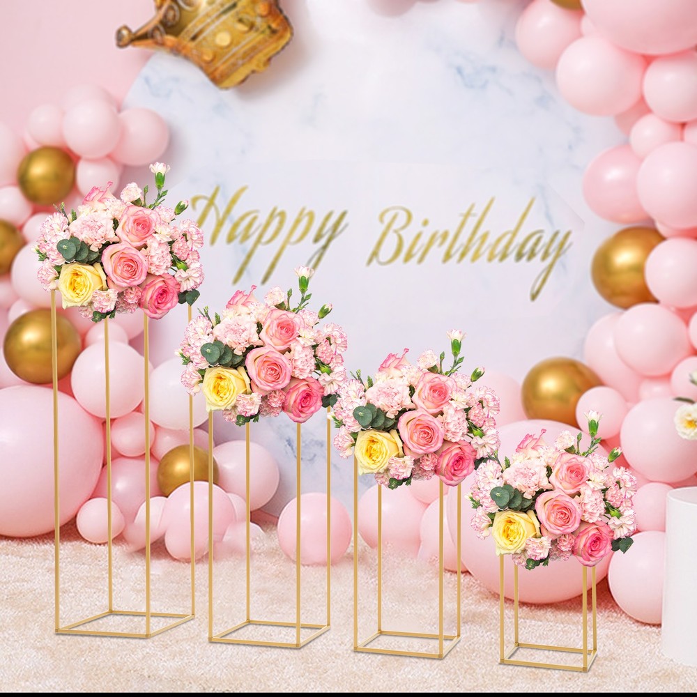 4 Piece Flower Stand Set Gold Metal Rectangular For Wedding Party Table Decor