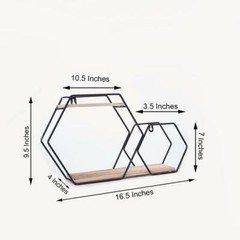 Black Natural 2 Tier Hexagon Metal Wood Geometric Floating Shelf Decorations
