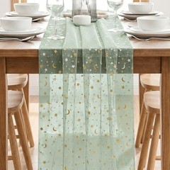 Gauze Stars Moon Table Runner 10FT, Glitter Metallic 28″ x 120″ Sage Green