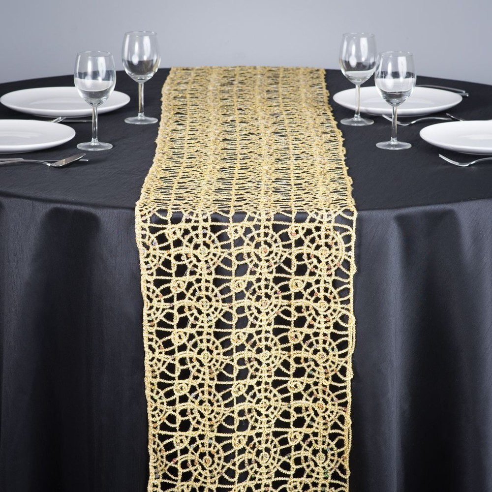 Gold Chemical Lace Sequin Table Runner 14 x 108 inch Made in USA Wedding Party