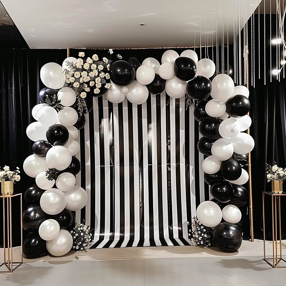 8 ft x 10 ft BLACK White Striped Satin Backdrop Curtain Panel Wedding Events