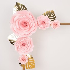 9 PINK 3D Rose Paper Flowers with Gold Monstera Leaves Wedding Decorations
