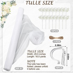 34 Pcs Church Pew Wedding Decorations White Fabric Tulle Silk Hydrangea Pew C…