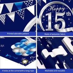 Kauayurk Blue Silver 15th Birthday Banner Decorations for Boys, Happy 15 Birt…