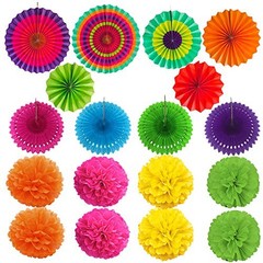 Party Decoration, 21 Pcs Multi-color Hanging Paper Fans, Pom Multi-colored