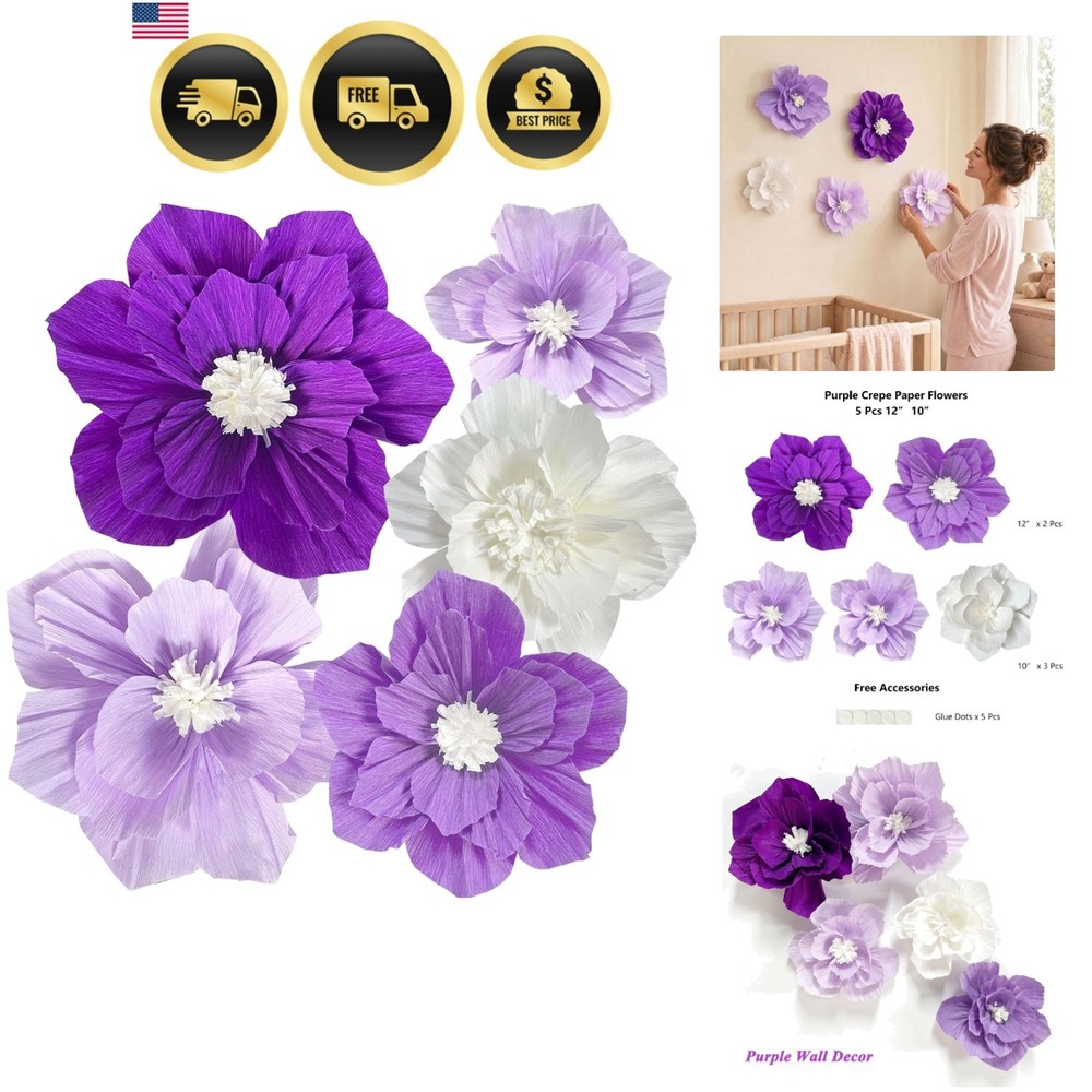 Purple Paper Flowers 3D Wall Decor Party Decorations Girls Women Elegant