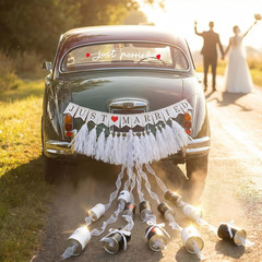 15 Pcs Just Married Wedding Car Decoration Kit – Black & White Handmade Aluminum