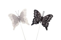 12PC 4″ Black + White Feather Butterfly w Silver Glitter DIY Wedding Cake Topper
