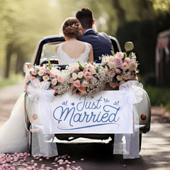 Just Married Burlap Banner White Tulle Bow Car Sign Decoration, Wedding Fabric B
