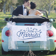 Just Married Burlap Banner White Tulle Bow Car Sign Decoration, Wedding Fabric B