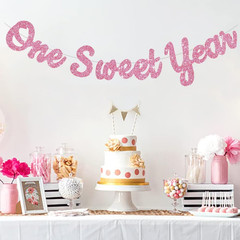Pink Glitter Sweet 1 Year Banner(Pre-Strung), First Birthday Anniversary Party D