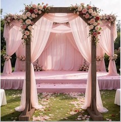 Adjustable Reusable Wood Wedding Backdrop Stand w/ White Drape 6.4ft x 3.6ft