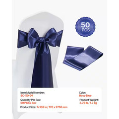 50-Pcs Satin Chair Sashes Bows Cover, 7 X 108 In. Navy Blue Ribbon Ties, Wedding
