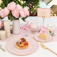 YOUBET 125Piece Pink Plastic Plates with Gold Rim – Scalloped Plastic Plat