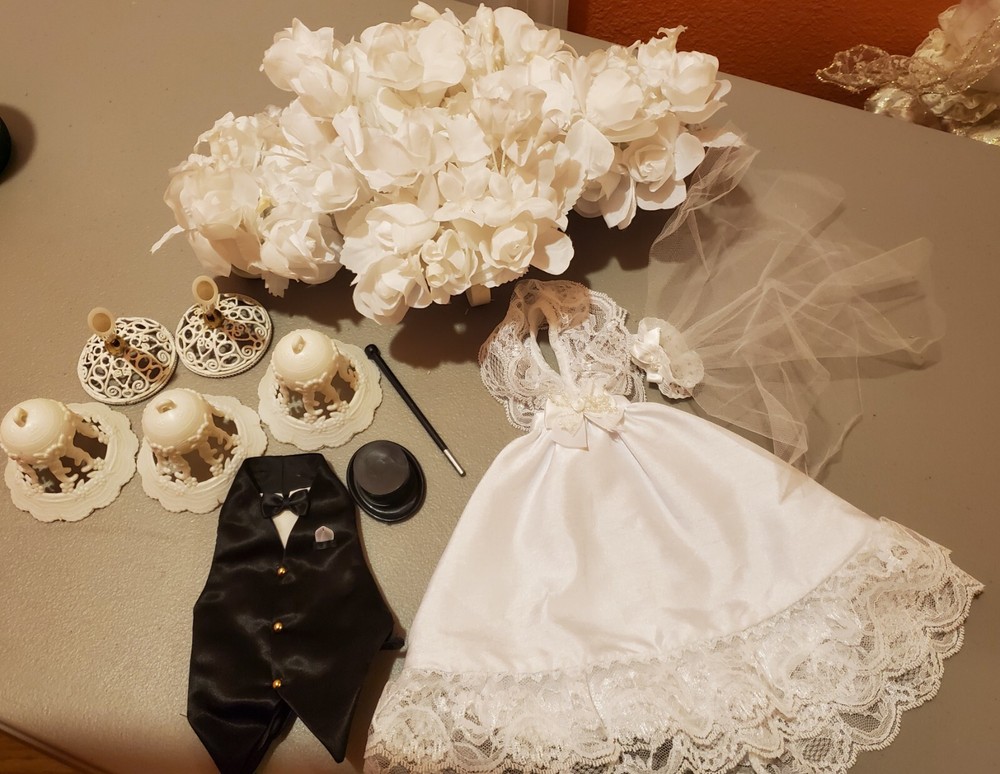 Bride and Groom Wedding Set Veil Dress Black Tux candelabra bells, pen holders