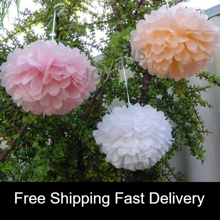 18x Tissue paper pom poms pink peach white wedding 21 birthday anniversary decor