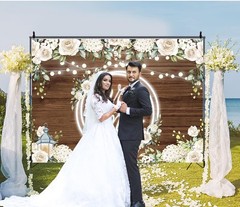 Mr & Mrs Wedding Backdrop Banner White Rose Floral Wooden Wall Glitter Lights