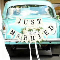 Just Married Burlap Banner Rustic Cream Black Pre-Assembled Wedding Car Decor