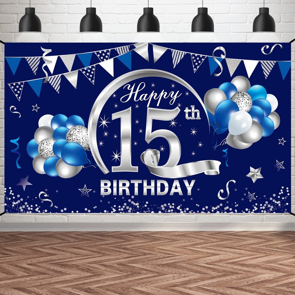 Kauayurk Blue Silver 15th Birthday Banner Decorations for Boys, Happy 15 Birt…