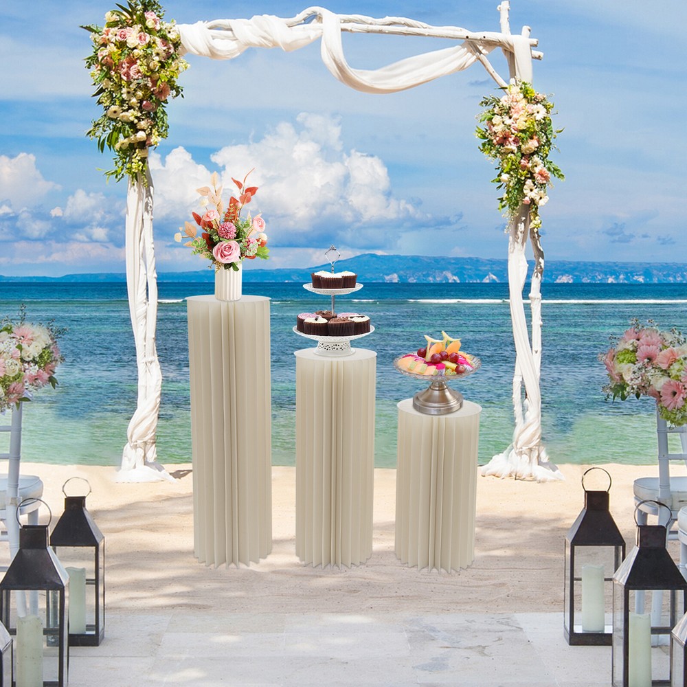 3x Foldable Cardboard Flower Stands Columns Wedding Decor Display With PVC Plate