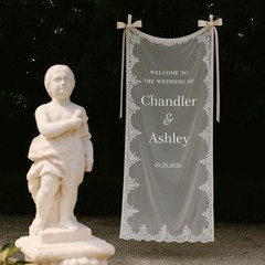 Personalized Sheer Wedding Welcome Sign with Lace Trim, Hanging Banner Romantic