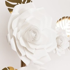 9 WHITE 3D Rose Paper Flowers with Gold Monstera Leaves Wedding Decorations