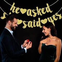 Elegant Gold Glitter ‘He Asked She Said Yes’ Banner for Weddings & Engagements