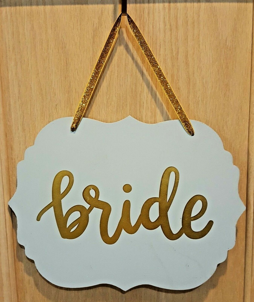 Spritz White Washed w/Metallic Gold “BRIDE” Wood Sign, 12″x 9″