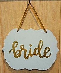 Spritz White Washed w/Metallic Gold “BRIDE” Wood Sign, 12″x 9″