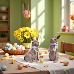 Rattan Effect Resin Easter Bunny Figurines Decor 2 PCS Wicker Looking Rabbit …