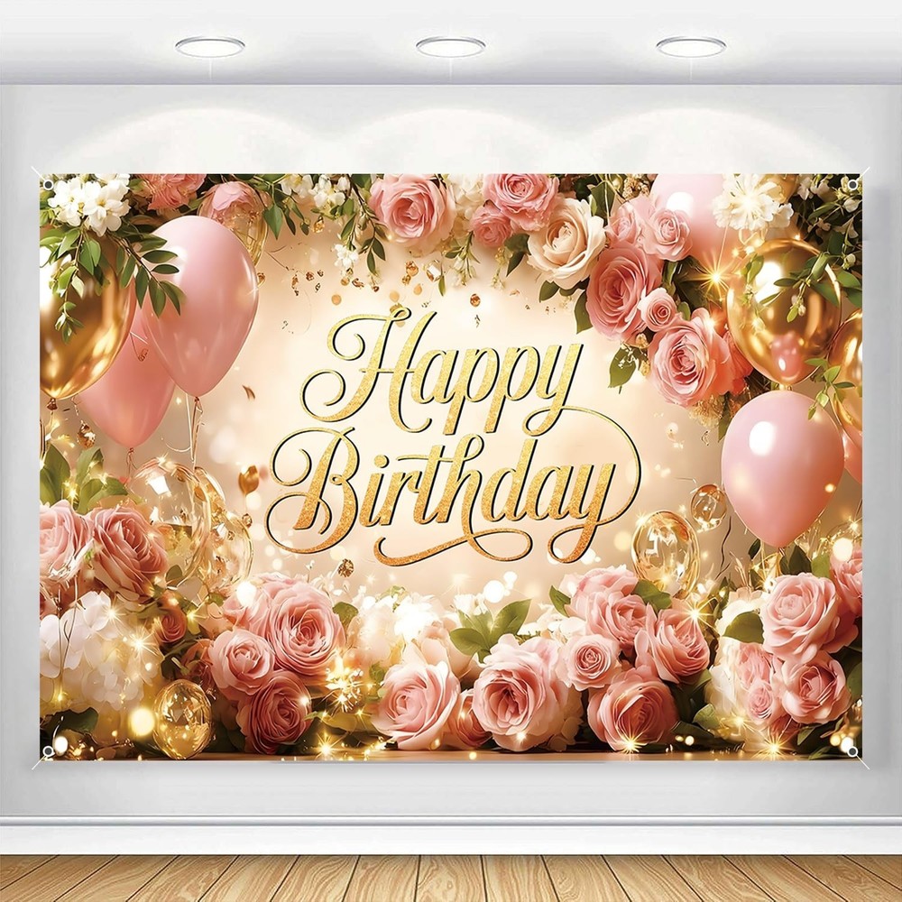 Happy Birthday Backdrop Banner For Women Girls Princess Pink Floral Flower Wa…