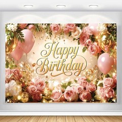 Happy Birthday Backdrop Banner For Women Girls Princess Pink Floral Flower Wa…
