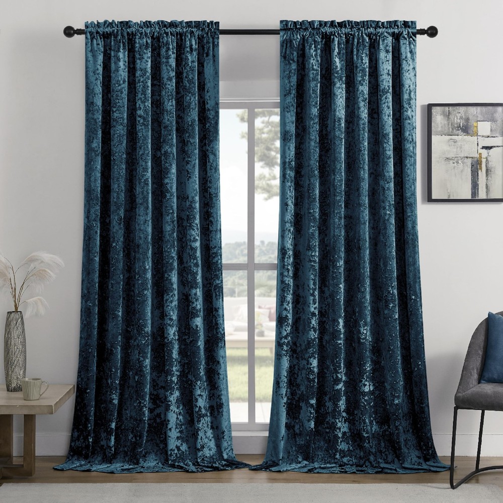SMILETIME Tranquil Blue Crushed Velvet Curtains 52x84inch Rod Pocket Luxuriou…