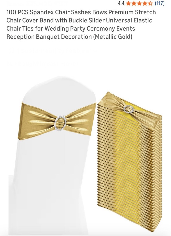 100 PCS Gold Spandex Chair Sashes Bows Premium Stretch Chair Cover Band w/Buckle