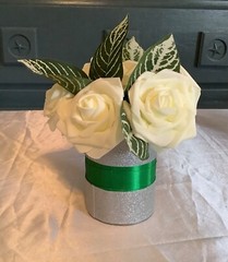 Rose centerpiece embellished with satin and glitter ribbon…you pick colors