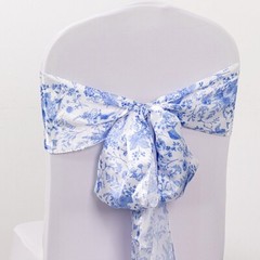 5 WHITE BLUE Floral Print Satin CHAIR SASHES Party Events Reception Decorations